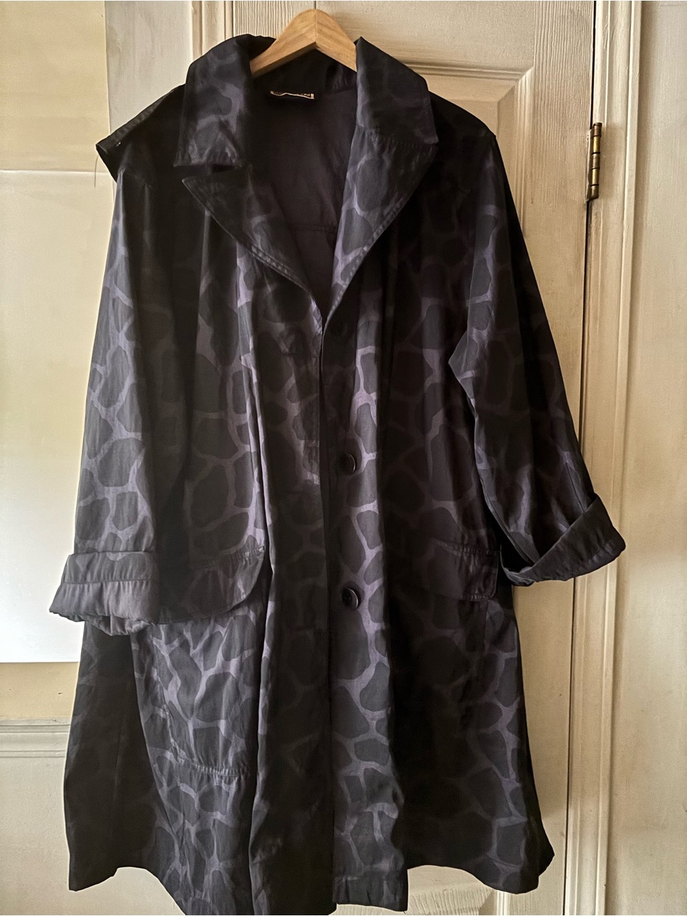 Black Patterned Button-Front Trench/Raincoat with removable hood, Pockets